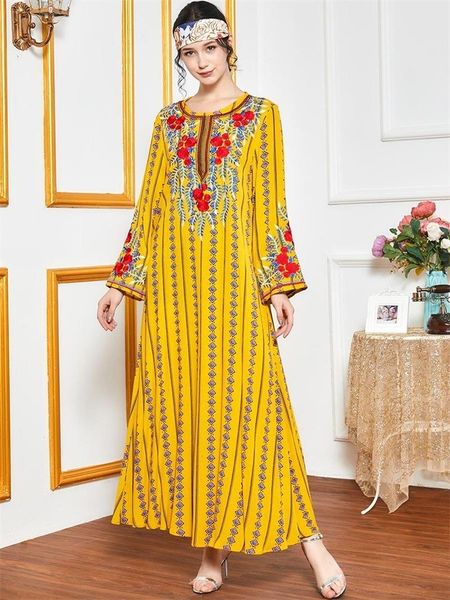 

casual dresses plus size dress for women ethnic print embroidery long sleeve loose turkey dubai arabic muslim clothes yellow, Black;gray