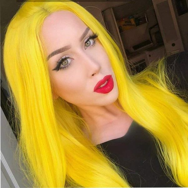 

synthetic wigs fashion cosplay yellow color glueless long straight hair 150% density heat resistant u lace wig middle part for black women