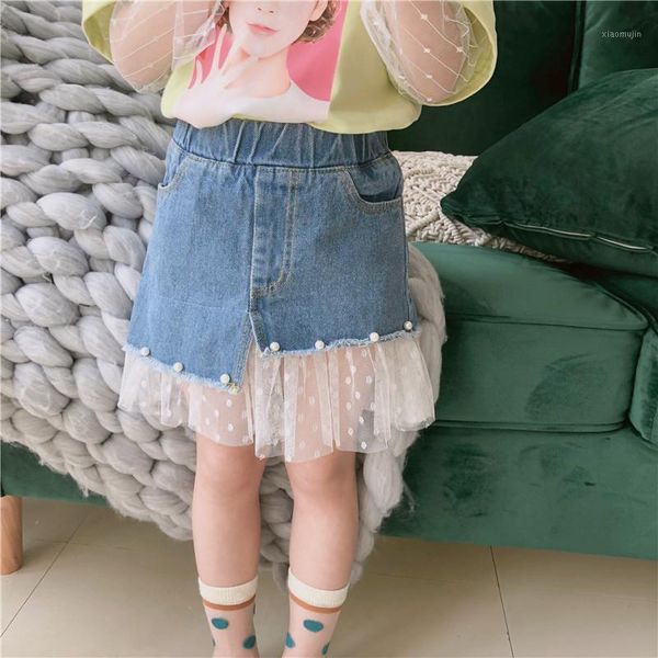 

skirts 2021 summer arrival korean style cotton all-match jeans irregularity short skirt with princess grenadine for fashion girls, Blue