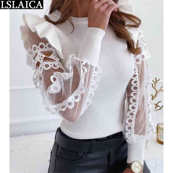 

women shirts long sleeve mesh patchwork see through blouses solid color hollow out o-neck slim womens and 210515, White