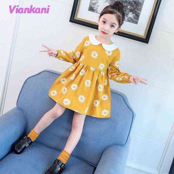 

spring autumn children long-sleeved cotton princess dress girls 2021 a-line peter pan collor floral dresses 2 5 6 7 8 years old g1215, Red;yellow