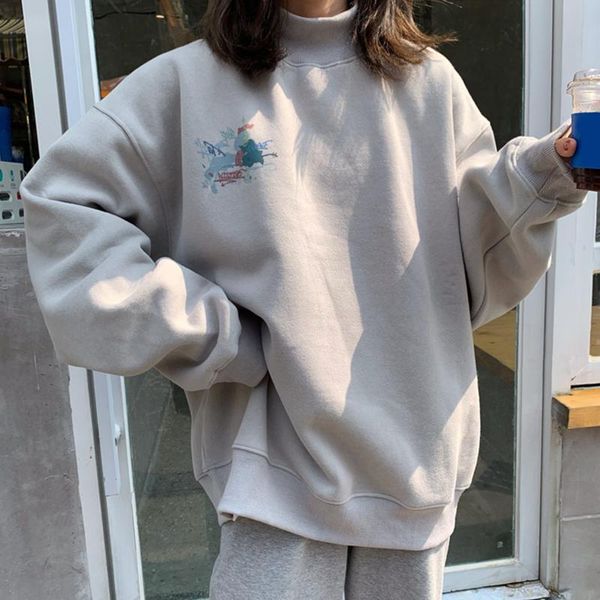 

women's hoodies & sweatshirts women printed turtleneck warm plus velvet oversize kawaii simple females pullover all-match korean casual, Black