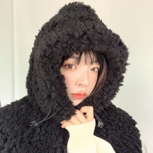 

berets warm artificial lamb hair cashmere hooded neck collar cap head drawstring thick beanie winter solid color adjustable elastic hat, Blue;gray