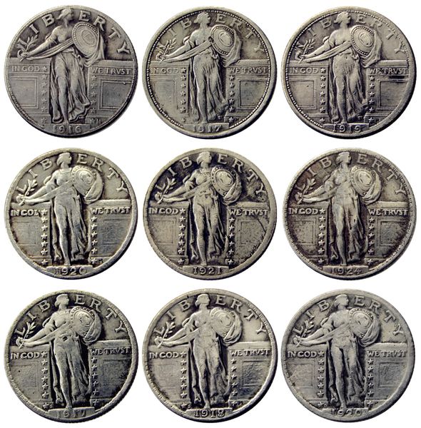 

us full set (1916-1924-p-s) 9pcs standing liberty quarter dollar craft silver plated copy coins metal dies manufacturing factory price