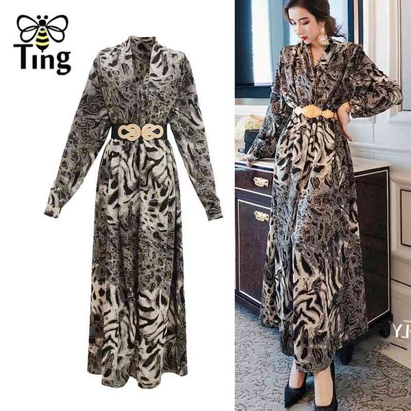 

designer leopard serpentine floral print casual long dress vintage v neck fashion spring summer with belt 210513, Black;gray