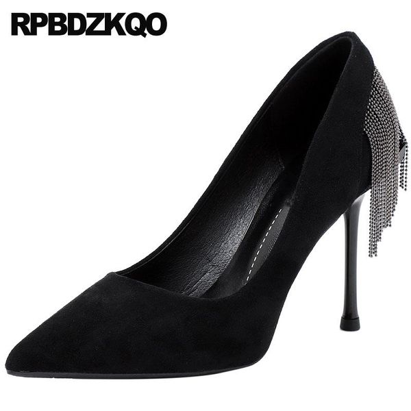 

dress shoes pumps tassel evening scarpin pointed toe ladies size 4 34 2021 suede black thin high heels metal stiletto 3 inch