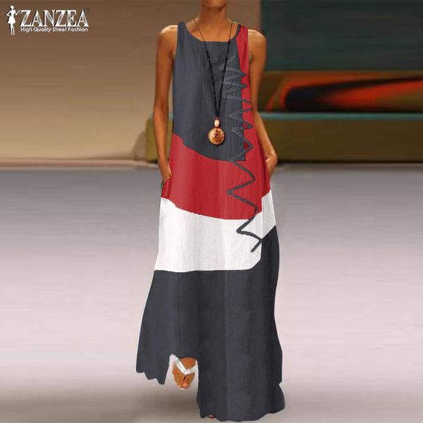 

casual dresses 2022 vintage color stitching maxi dress women's summer sundress sleeveless tankvestidos female o neck robe femme, Black;gray