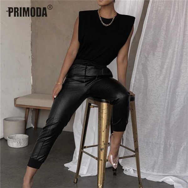 

women pu leather pants street fashion lady elastic pencil autumn winter drawstring sweatpants pockets cool trousers pr172m 211007, Black;white
