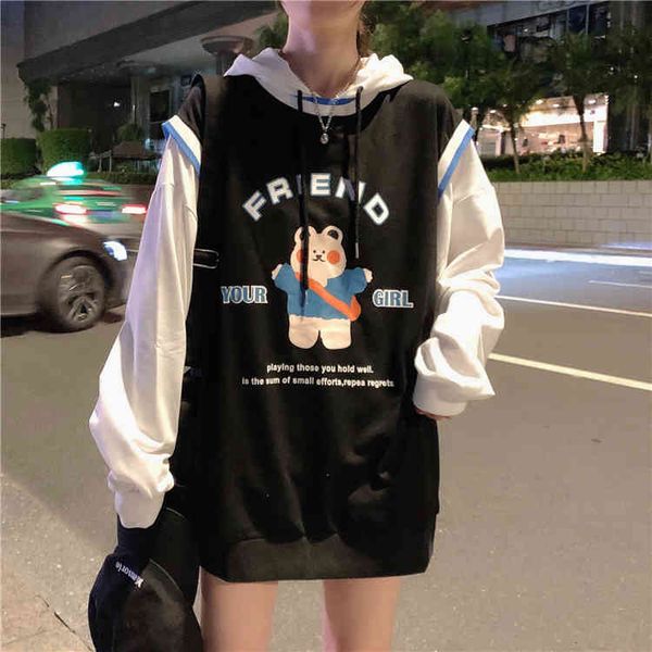 

hoodies ytx223 middle of length two-piece hood women's loose korean style sweatshirts, Black