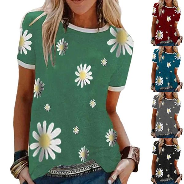 

women's t-shirt coat the daisy print round collar short sleeve, White