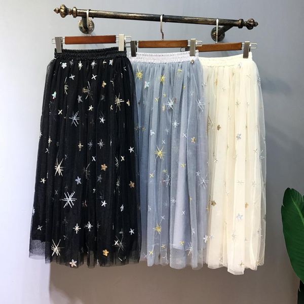

skirts mesh skirt party women embroidery saias shiny tulle ruffle high waist bottoms midi faldas mujer warm star jupe femme, Black