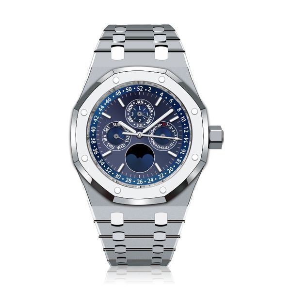 

men's automatic mechanical watch luxury royal requin brand oak strap silver white stainless steel case calendar 26579cb.oo.1225cb.01 si, Slivery;brown