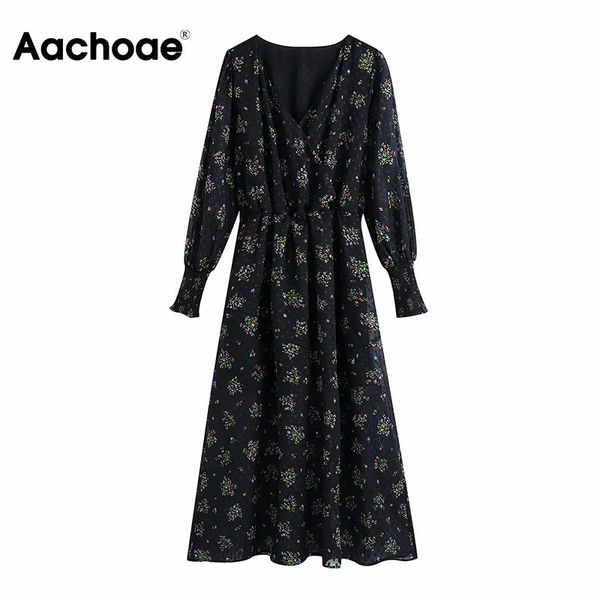 

aachoae elegant v neck floral chiffon dress women long sleeve party long dresses lady print sundress vestidos mujer xs-l 210413, Black;gray