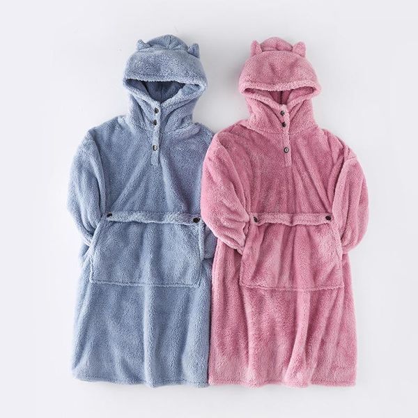 

women's sleepwear autunm winter couple thick nightgown flannel warm robe pullover solid women&men coral velvet loungewear night, Black;red