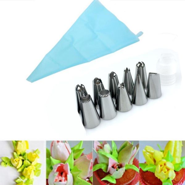 

cake tools 14 pcs/set silicone icing piping cream pastry bag +12pcs stainless steel nozzle tips converter diy decorating