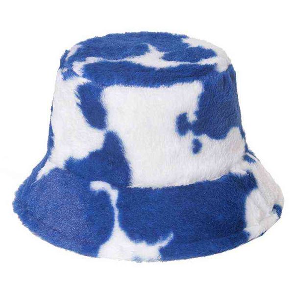 

women winter warm thicken fluffy plush bucket hat milk cow printed wide brim sunscreen packable panama fisherman cap g220311, Blue;gray