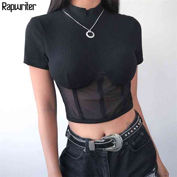 

mesh patchwork women t-shirt black summer casual harajuku stand collar short sleeve crop tees party 210510, White