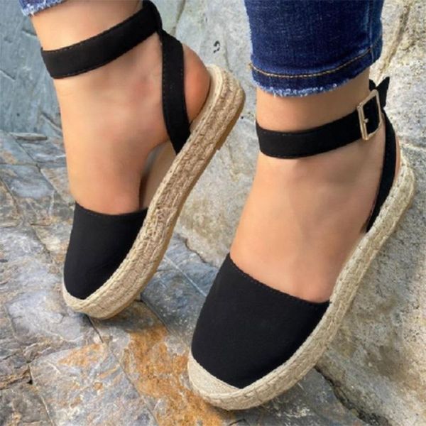 

sandals summer women flat closed round toe espadrille platform buckle strap gladiator ladies shoes sandalias mujer, Black
