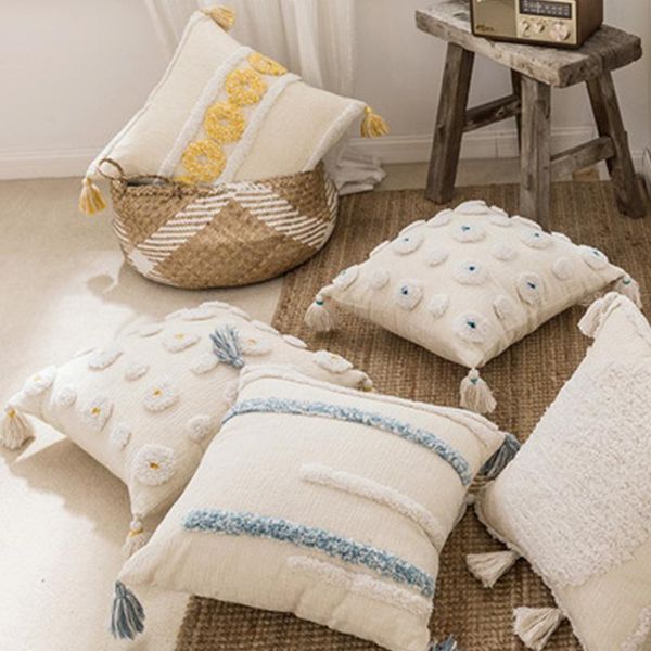 

cushion/decorative pillow 1pc home decor cushion cover beige boho pillowcase with tassels woven sofa living room handmade