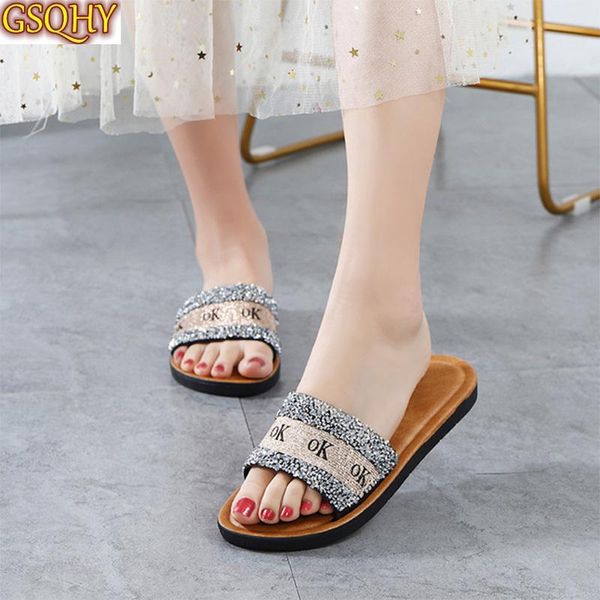

women summer casual slipper ladies sequins outdoor fashion flat sandals woman bling non slip slippers female shoes 2021, Black