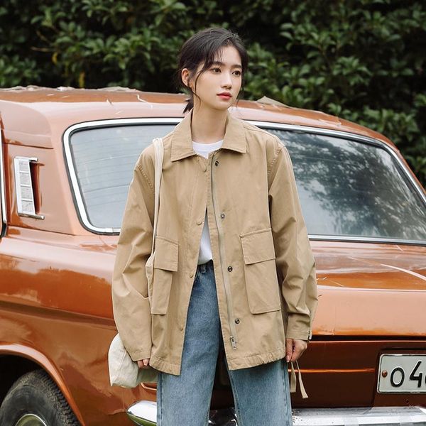 

women's jackets women long sleeve zipper pockets jacket spring casual korean style loose street simple all-match coats, Black;brown
