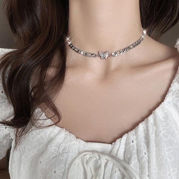 

chokers vintage butterfly necklace for women shiny zircon rhinestone clavicle collar chain girls elegant silver color choker jewelry, Golden;silver