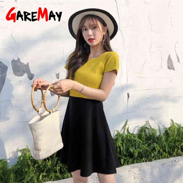 Vestido de verão mulheres mais tamanho feminino es coreano vintage tshirt amarelo rosa de algodão casual manga curta 210428