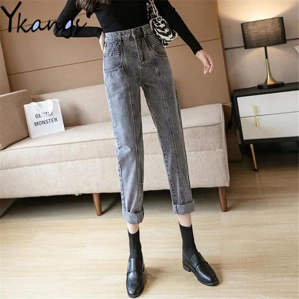 

women's jeans vintage high waist patchwork pocket pencil pants slim simple harajuku streetwear women korean fashion harem denim trouser, Blue