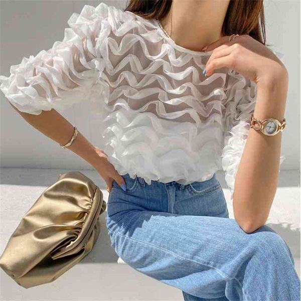 

women's knits & tees summer new mesh office lady streetwear chic fashion short-sleeved shirts ladies brief gentle solid blouse, White
