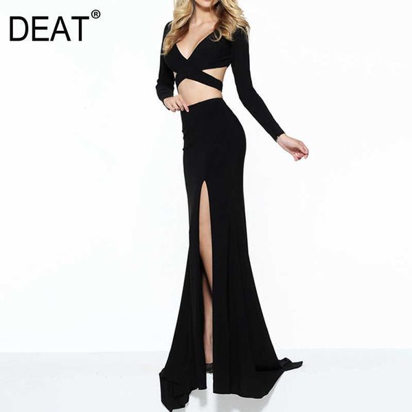 

[deat] summer fashion v-neck high waist floor-length long sleeve solid color loose style dress women 13d146 210527, Black;gray