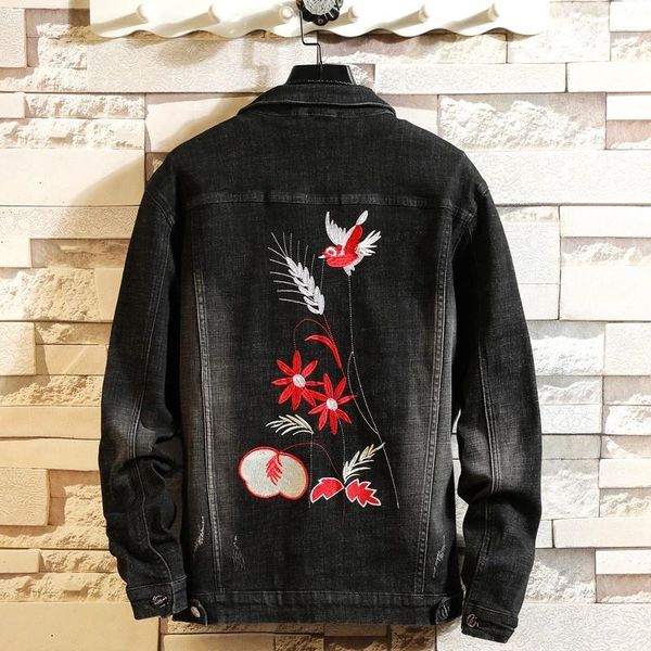 

men's tracksuits winter denim jacket men embroidered jeans suit street slim fit single breasted frayed cowboy coat two piece set plus s, Gray