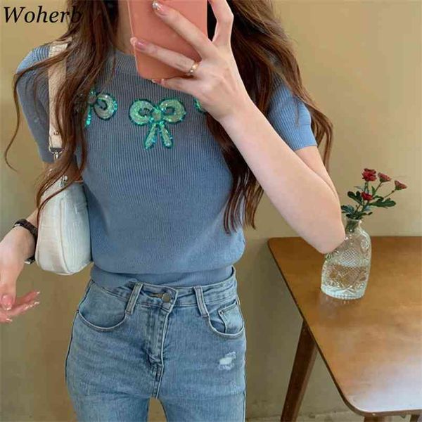 

thin knitted shirt women chic sequined bow short tees summer loose solid color tshirts korean sweet female 210519, White