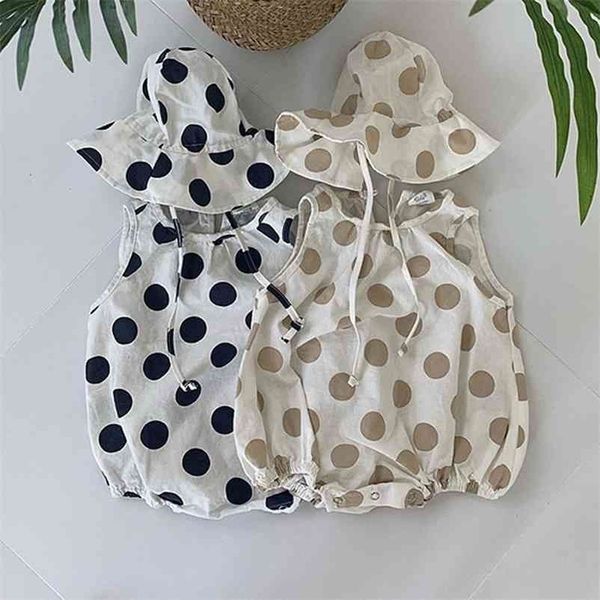 

infant girls rompers + cap baby clothing polka dot sleeveless pocket toddler korean summer bodysuits 210521, Blue