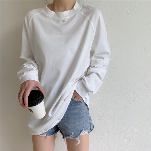 

women's knits & tees round collar drop shoulder woman oversized sweatshirts solid color loose casual pullovers spring autumn long, White