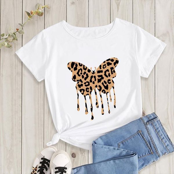 

summer fashion leopard butterfly print women t shirts graphic o neck tees funny girls short sleeve, White