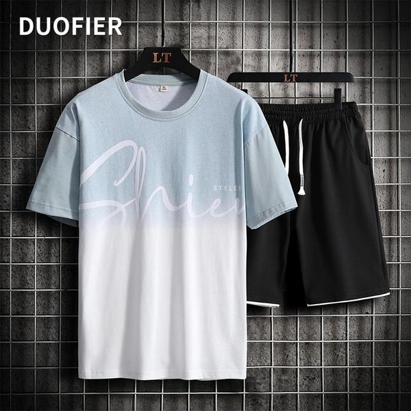 

men's tracksuits 2021 spring summer fashion casual sportswear suit short sleeve gradient printed t-shirt o neck loose male t shirt set, Gray