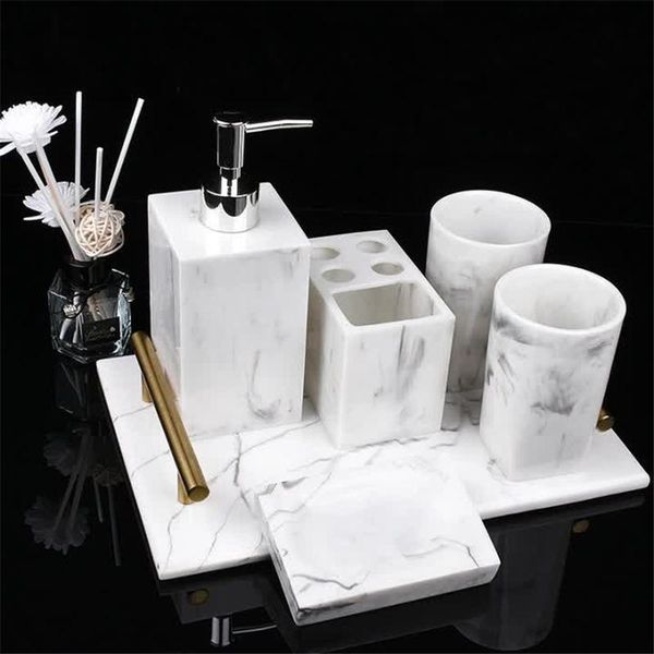 

bath accessory set 5pcs bathroom accessories resin marble design organizer lotion bottle tumbler toothbrush holder soap dish tray
