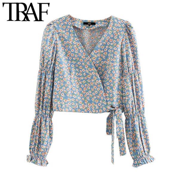 

women fashion floral print wrap cropped blouses vintage puff sleeve side bow tied female shirts blusas chic women's &, White