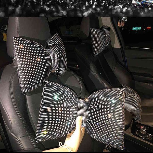 

creative diamond crystal bow neck rhinestone auto headrest seat support waist pillow bling car accessories for women