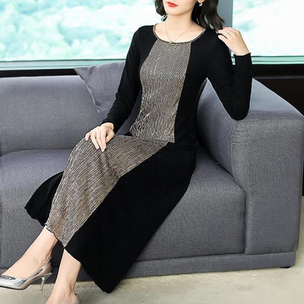 

casual dresses office lady long sleeve women dress loose stitching contrast color elegant pull over bottom vestido feminino re2153, Black;gray