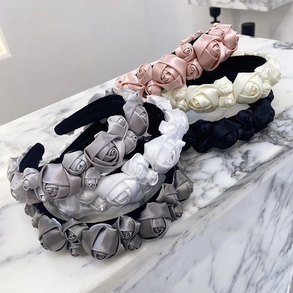 

three-dimensional flower headband fashion hair accessories women rose flower wide-brimmed hairband wild hair band headwear, Silver
