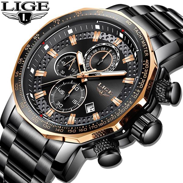 wristwatches men watches lige large dial sport chronograph military quartz watch casual stainless steel waterproof clock, Slivery;brown