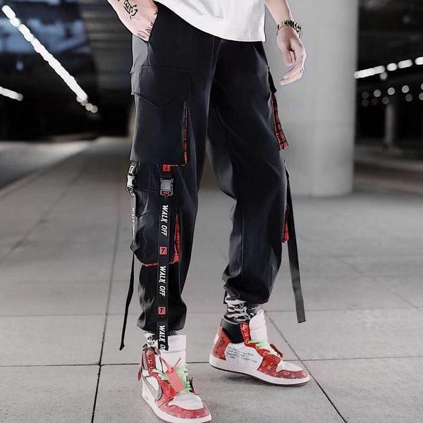 

hip hop ribbons cargo pants men joggers streetwear 2021 fashion mens elastic waist pant cotton black men's