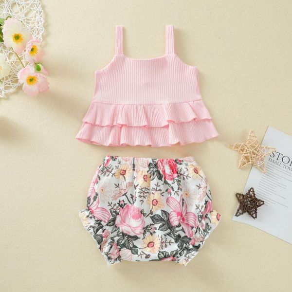 

clothing sets 2021 toddler girls 2pcs summer outfits, sleeveless button front ruffle tank + floral shorts set,toddler rib knit t-shirt, White
