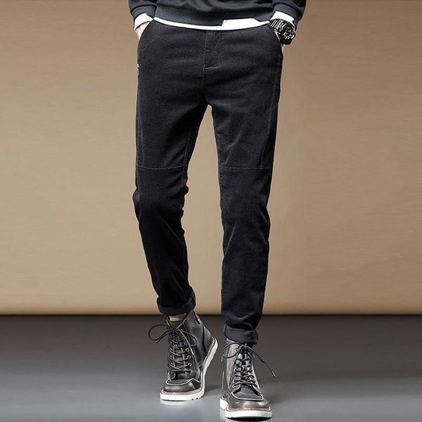 

korean style fashion men jeans elastic slim fit casual corduroy trousers spliced designer smart business pencil pants for men's, Blue