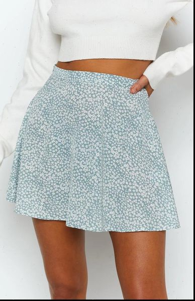 

flared mini blue floral women skirt summer high waist falda jupe, Black