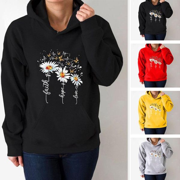 

women's hoodies & sweatshirts faith hope love daisy printed women fleece long sleeve loose sweatshirt with hat girls hoodie pulloverswi, Black