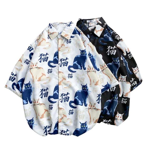 

fashion mens short sleeve hawaiian shirt fast drying plus size asian -3xl summer casual cute cat beach shirts for men men's, White;black