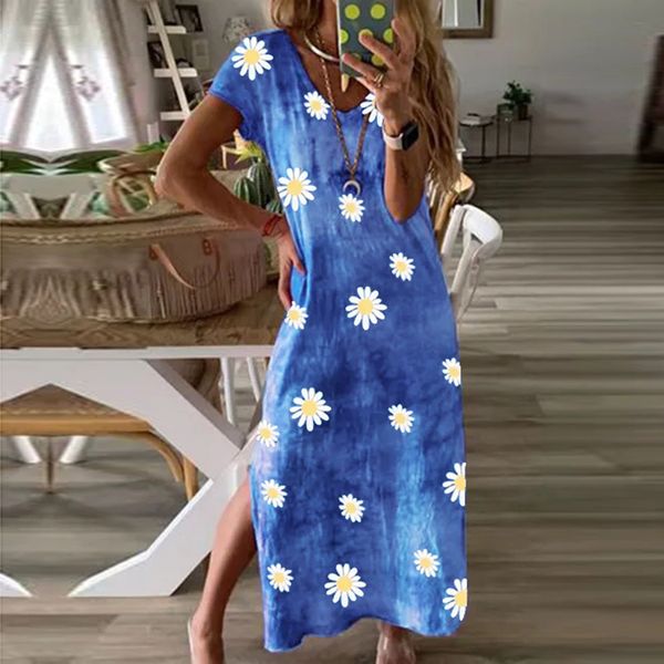 

elegant butterfly daisy print summer women 2021 retro o-neck short sleeve party dress lady a-line split long, Black;gray