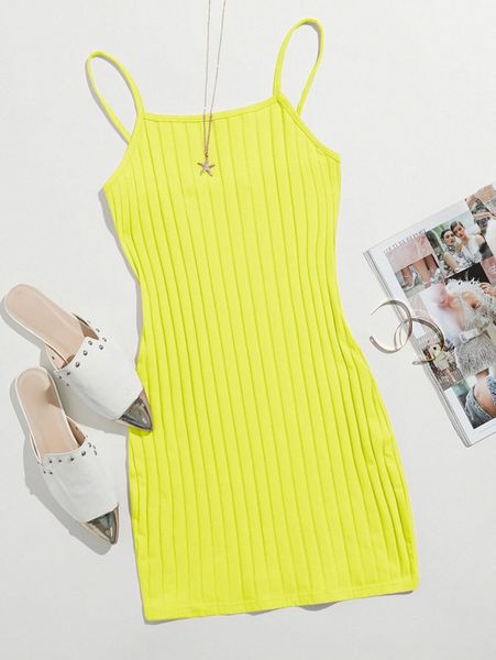 

neon yellow ribbed cami bodycon mini dress f3gr#, Black;gray